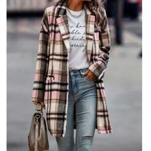 New Double Pocket Lapel Neck Plaid print Casual Overcoat Jacket
